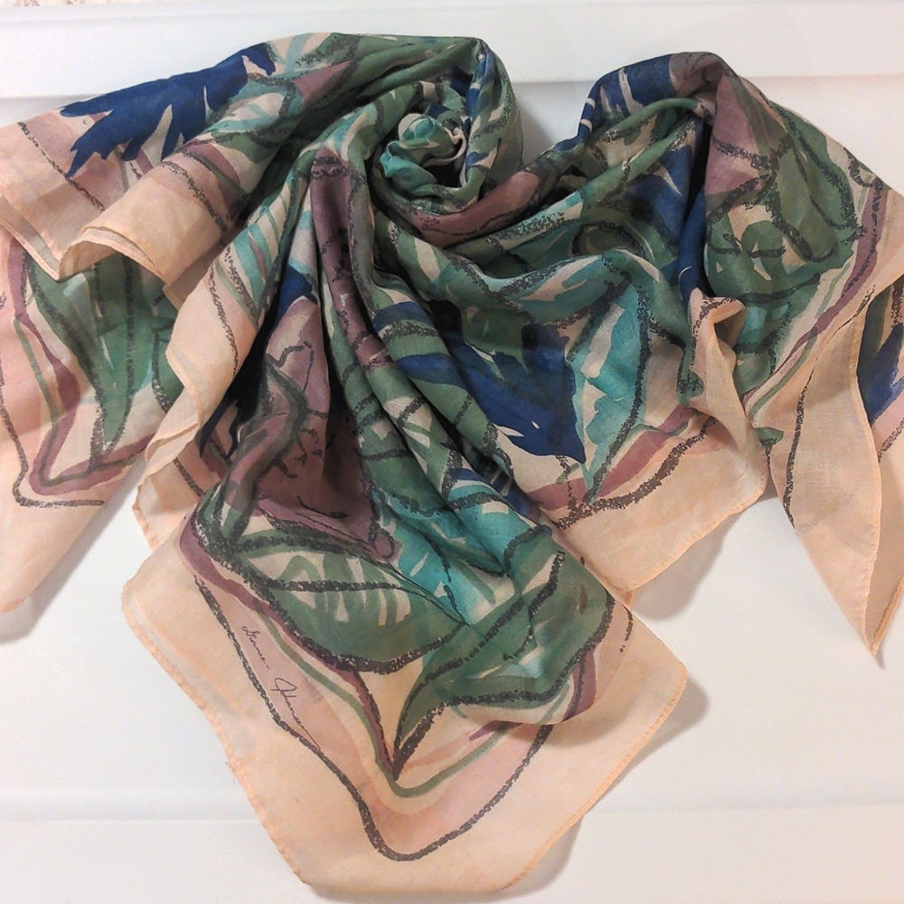 Lightweight Floral Print Scarf in Peach, Green & Blue
